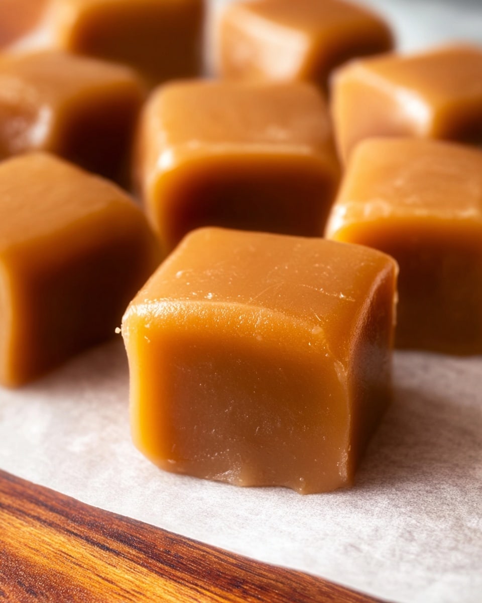 The image shows several soft caramel squares placed on a white parchment paper atop a wooden surface. The caramels have a smooth, shiny texture with a light brown color and slightly rounded edges. Each square is thick and solid, arranged closely together with some in the background slightly out of focus. The overall look is warm and rich, highlighting the glossy surface and soft consistency of the caramel pieces. photo taken with an iphone --ar 4:5 --v 7