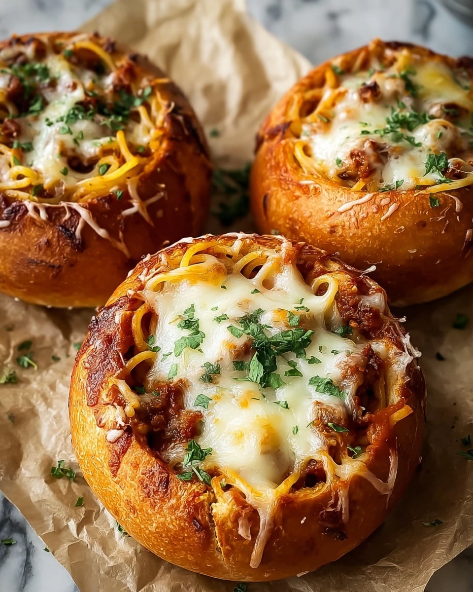 The image shows a close-up of a small round baked pasta cup with three layers. The bottom and sides are made of golden-brown baked dough with small burnt cheese spots, slightly crispy and thick. Inside, there is a layer of cooked spaghetti noodles, orange in color, with some strands sticking out. On top of the noodles, there is a smooth, creamy melted white cheese layer that is bubbling and lightly browned in spots. The surface is sprinkled with chopped green herbs and some grated white cheese, along with a light dusting of black pepper. The background shows more of these pasta cups blurred out, resting on a white marbled texture with some green garnish faintly visible. photo taken with an iphone --ar 4:5 --v 7