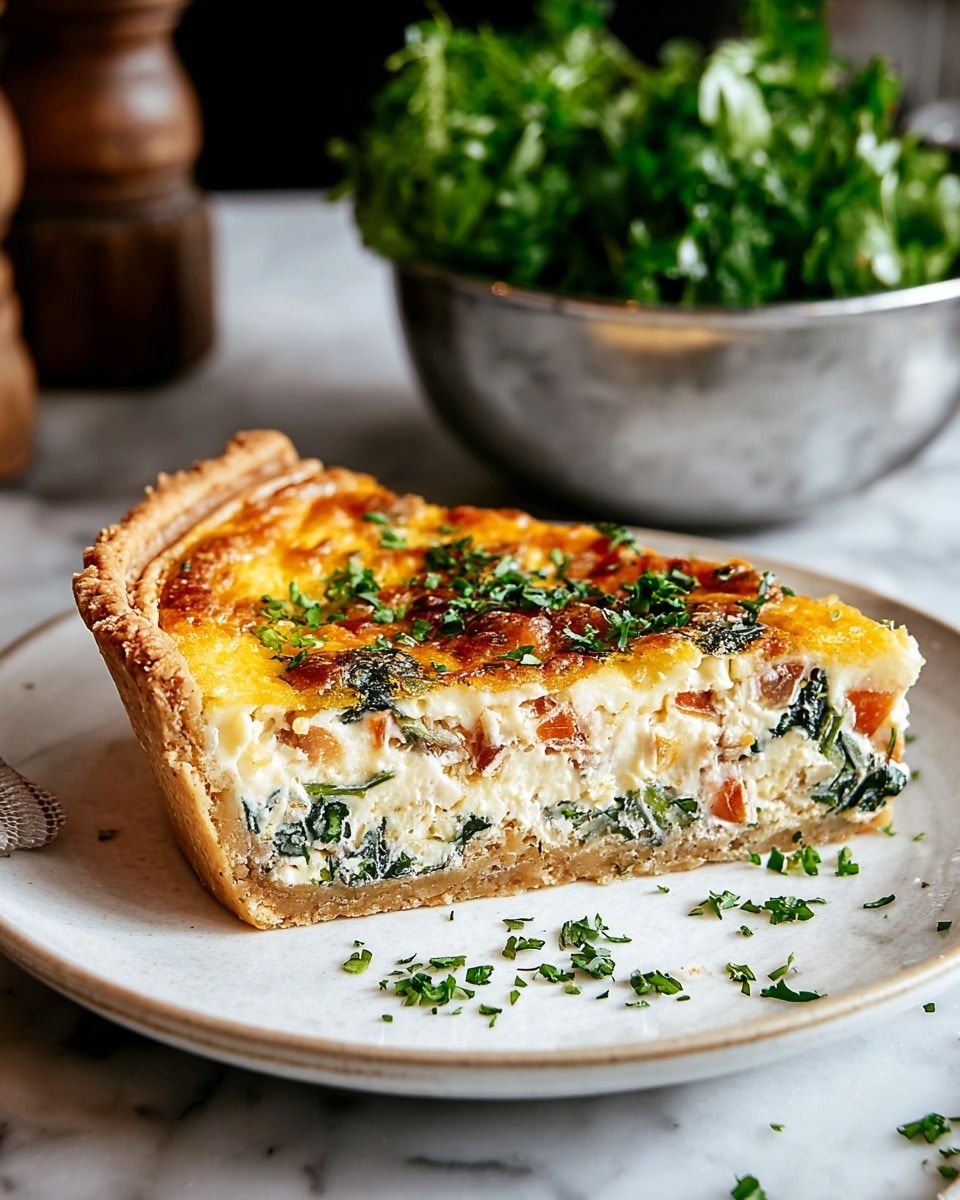 A slice of quiche sits on a white plate with a golden-brown crust as the bottom layer. The middle layer is filled with a creamy mixture containing white, green, and small bits of orange and brown, showing pieces of spinach and tomato. The top layer is a smooth, slightly browned yellow cheese-like surface sprinkled with chopped green herbs. Some chopped herbs are scattered on the plate around the quiche. Behind the plate, there is a metal bowl filled with green leafy herbs, all placed on a white marbled surface. Photo taken with an iphone --ar 4:5 --v 7