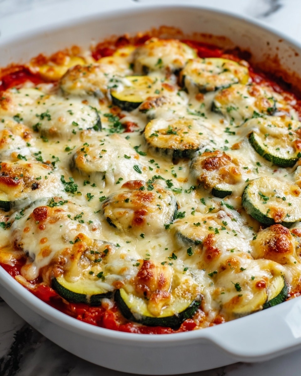 A white baking dish filled with a layered vegetable casserole. The bottom layer is a bright red tomato sauce, topped with rounds of cooked green zucchini. Above the zucchini, there is a generous layer of melted cheese that is creamy white with some golden brown spots. The casserole is sprinkled with small green herb bits over the cheese, adding small color contrast. The dish sits on a white marbled surface. photo taken with an iphone --ar 4:5 --v 7