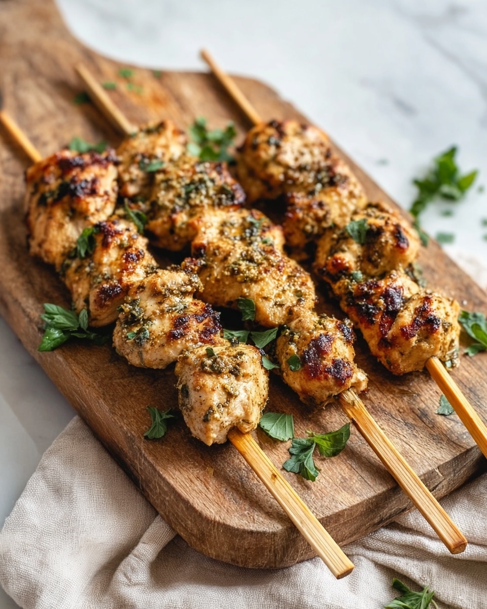 The image shows three wooden skewers placed side by side on a rustic wooden board. Each skewer holds several grilled chicken pieces that are golden brown with slight char marks, giving a textured and slightly crispy look. The chicken pieces are coated with a seasoning that appears to include herbs and crushed spices, visible as small green and beige flecks scattered on and around the meat. Fresh green herb leaves are sprinkled over the chicken and laid around the skewers on the board, adding a pop of color. The background is a white marbled texture, and there is a light beige cloth casually placed near the wooden board. photo taken with an iphone --ar 4:5 --v 7