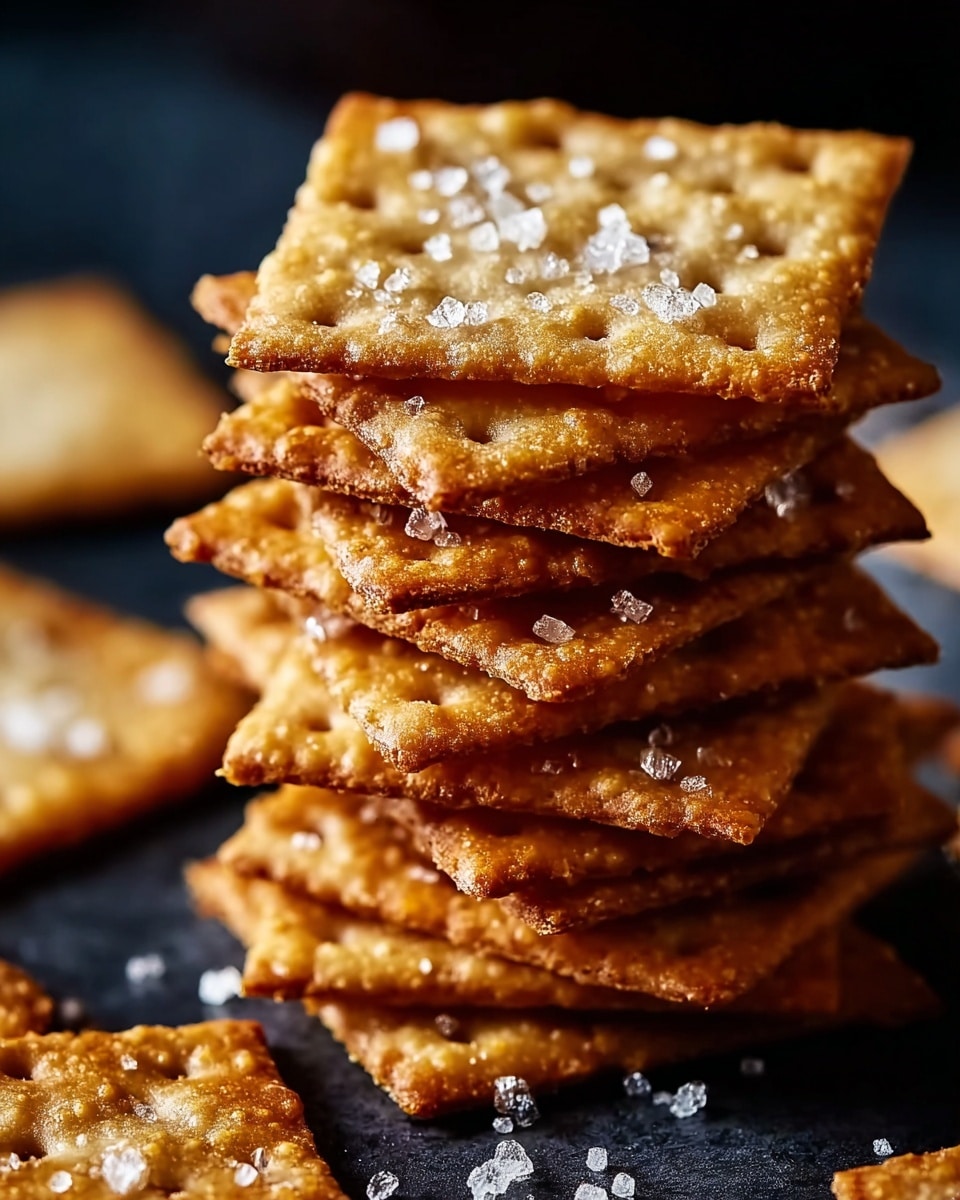 A stack of seven golden brown crispy crackers is shown in close-up, with the top cracker clearly visible, covered in coarse salt crystals. Each cracker has a slightly rough surface with small holes and crunchy edges. The stack sits on a dark surface with a few loose crackers scattered around. The texture looks crunchy and flaky, with the salt adding a sparkling effect. Photo taken with an iphone --ar 4:5 --v 7