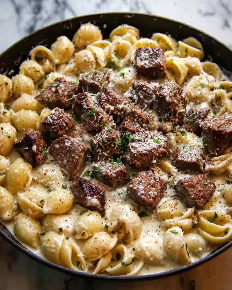 The dish features two main layers side by side in a white bowl: on the left, there are numerous browned beef cubes with a slightly charred, crispy texture, topped with finely chopped green herbs; on the right, there is a layer of pale yellow shell pasta coated in a creamy sauce, sprinkled with cracked black pepper and green herbs, showing a soft and smooth texture. The dish sits on a white marbled surface. photo taken with an iphone --ar 4:5 --v 7