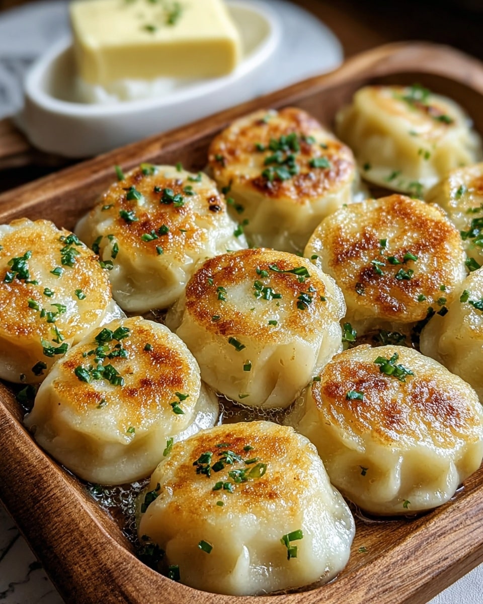 The image shows a close-up of a wooden tray holding nine round, pan-fried dumplings arranged in three rows. Each dumpling has a golden-brown crispy top with a slight shine from butter or oil, while the sides are soft and pale white. Small chopped green herbs are sprinkled over the dumplings, adding a fresh touch of color. In the background, a white dish with a butter block is slightly blurred, placed on a white marbled surface. The lighting highlights the moist texture and slight crispiness of the dumplings' tops. Photo taken with an iphone --ar 4:5 --v 7
