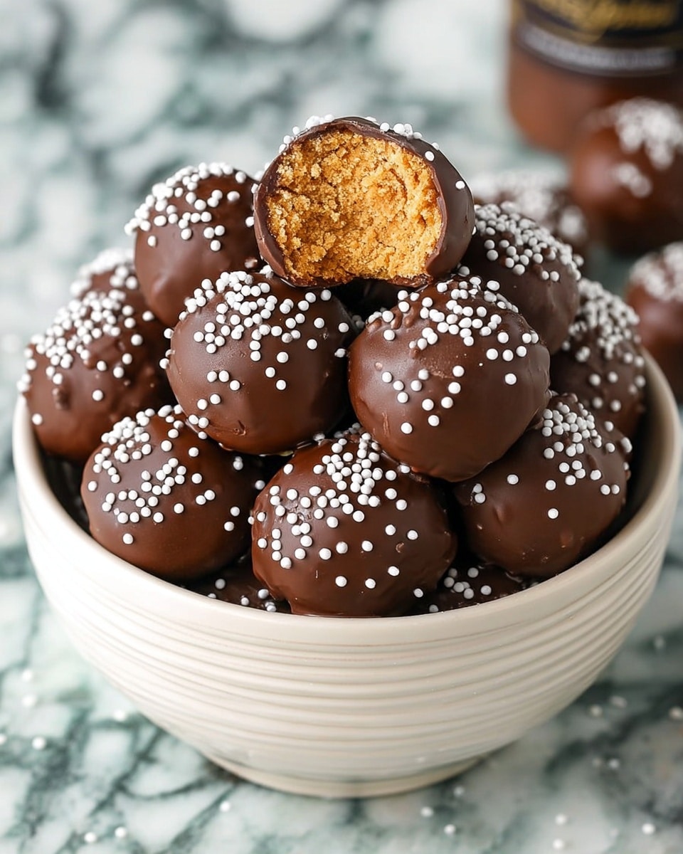 The image shows several round chocolate-covered balls with smooth dark chocolate coating. One ball is placed on top, broken open to show a soft, light brown inside that looks crumbly. Each ball is sprinkled with small, round white sprinkles scattered evenly on the chocolate surface. They sit closely together on a white plate on a white marbled background. photo taken with an iphone --ar 4:5 --v 7