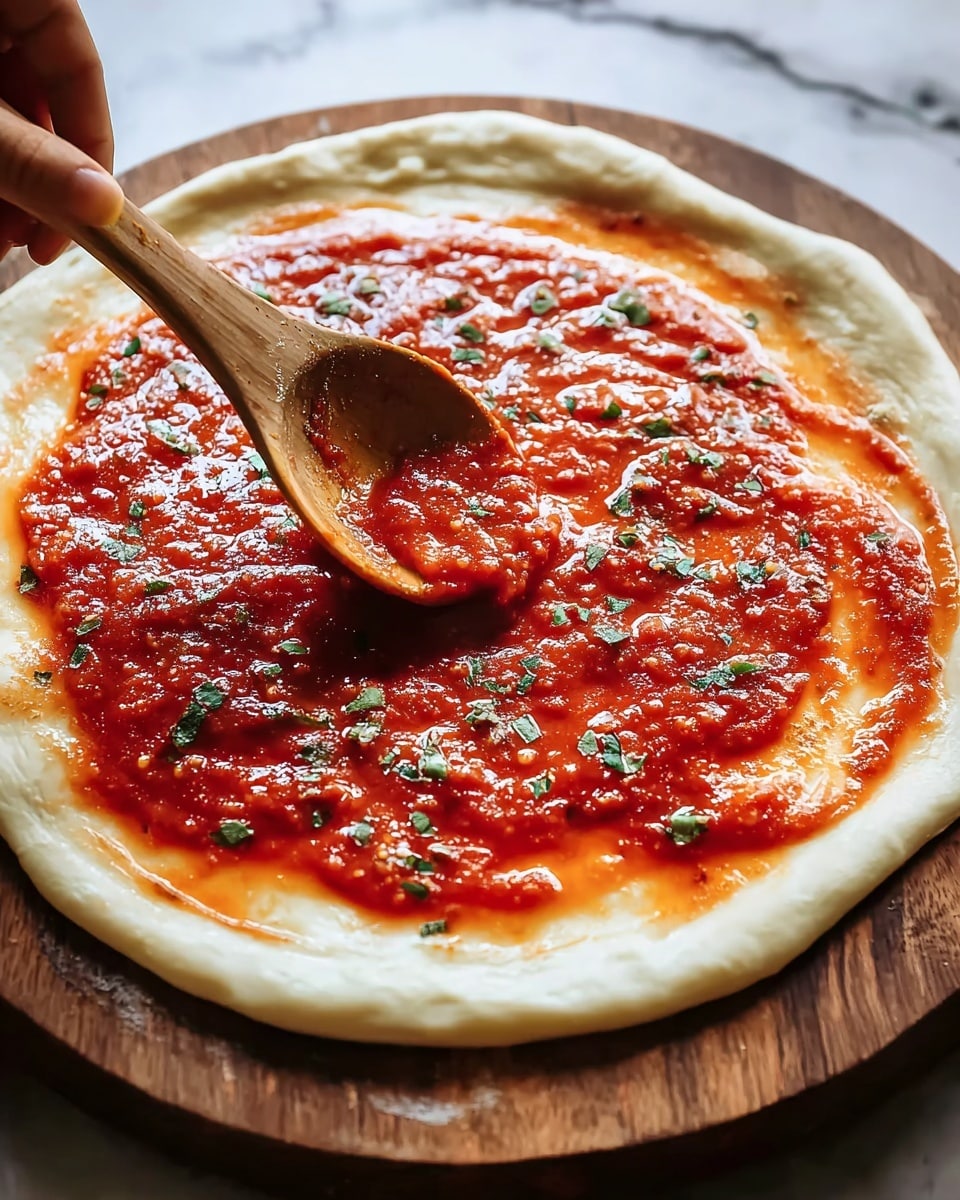 A raw pizza dough base with a thick, light beige crust resting on a wooden board is being spread with a thick layer of vibrant red tomato sauce that has a smooth but slightly chunky texture. The sauce is dotted with small green herb pieces scattered unevenly across its surface. A wooden spoon held by a woman's hand is moving over the sauce, adding more of it to the center of the dough. The background features a white marbled texture. photo taken with an iphone --ar 4:5 --v 7