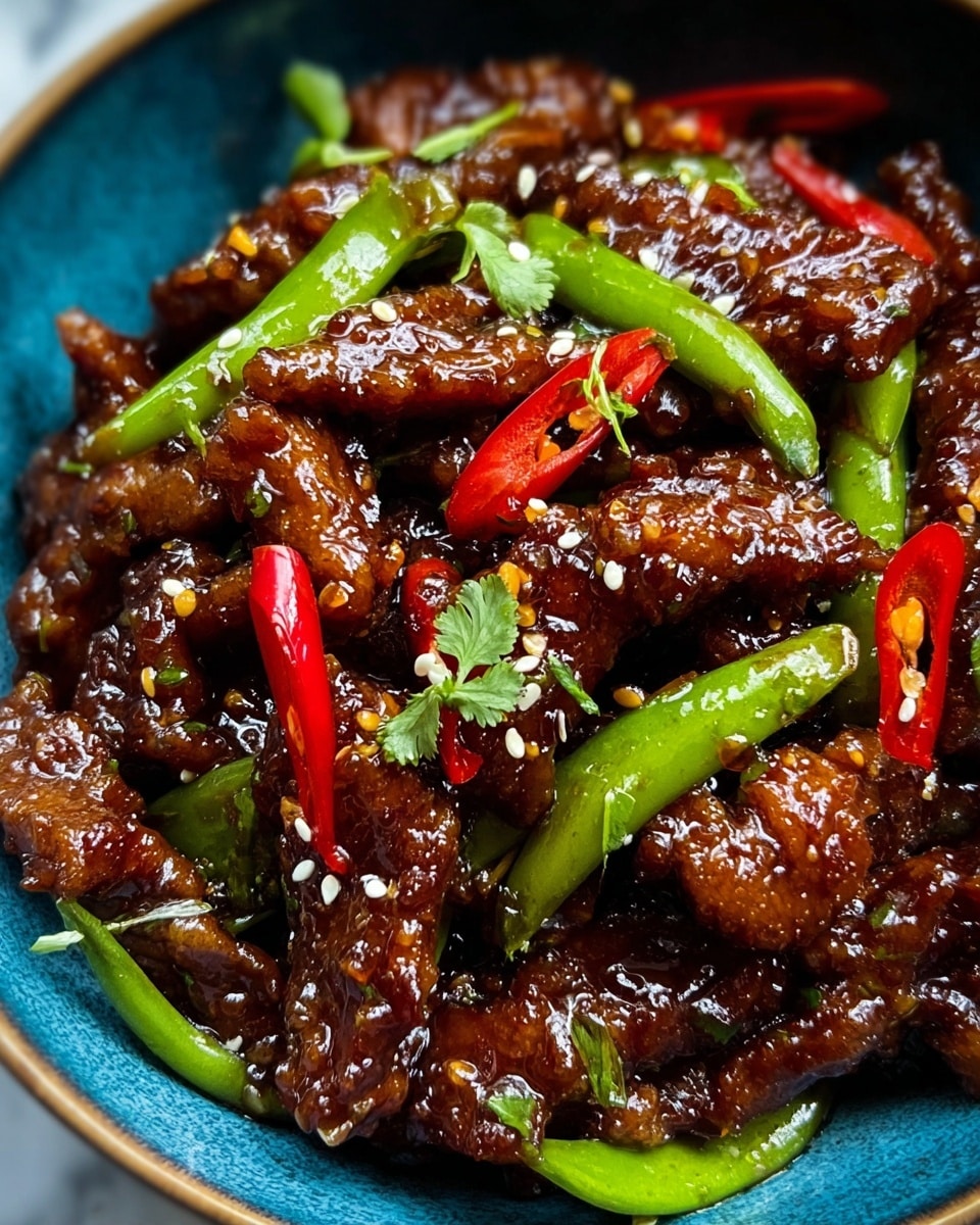 This image shows a close-up of a blue bowl filled with glossy, dark brown pieces of stir-fried meat coated in a thick sauce. On top and mixed throughout the meat are bright red chili peppers and crisp green snap peas, adding a vibrant contrast. Small white sesame seeds are sprinkled over the dish, along with a few small green coriander leaves. The bowl sits on a white marbled surface, highlighting the rich colors and shiny texture of the food. photo taken with an iphone --ar 4:5 --v 7