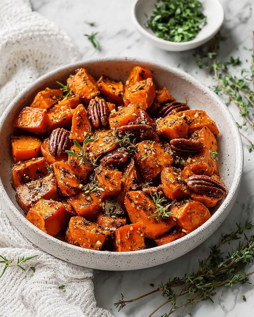 A white speckled bowl full of roasted orange sweet potato cubes mixed with brown pecan halves, all coated in a glossy layer of seasoning and herbs like thyme. Small green herb leaves are scattered on top, adding texture and color contrast. The bowl sits on a white marbled surface with fresh thyme sprigs nearby, and a white textured cloth is visible on the side. In the background, a white bowl filled with chopped green herbs is partially seen. photo taken with an iphone --ar 4:5 --v 7