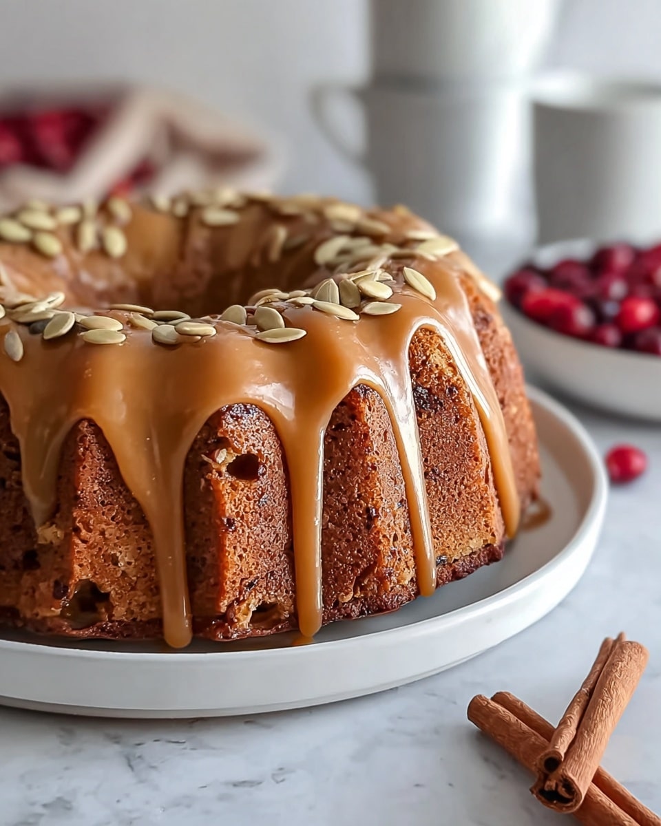 A golden-brown bundt cake with a detailed ridged pattern sits on a white round plate. The cake is topped with a shiny, thick caramel glaze that drips gently down the ridges. Scattered pumpkin seeds add a light greenish-yellow contrast on the caramel's smooth surface. The cake rests on a beige textured cloth, all set against a white marbled texture background. photo taken with an iphone --ar 4:5 --v 7