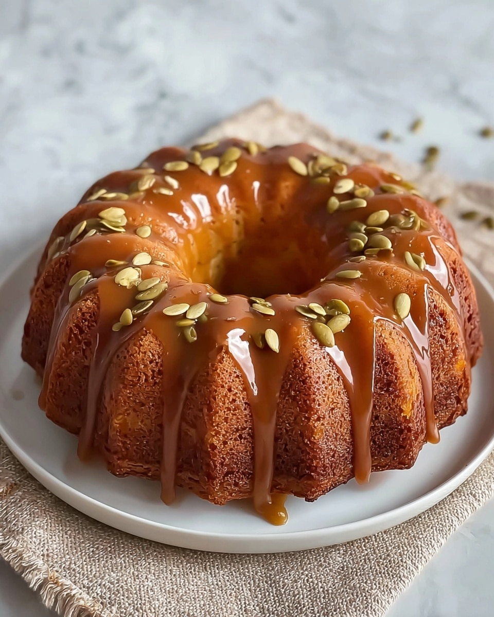This image shows a bundt cake with one main layer, browned and textured with small holes and baked nuts inside. It is covered with a smooth, glossy caramel glaze that drips unevenly down the ridges of the cake. On top of the caramel, there are scattered light brown pumpkin seeds adding texture. The cake sits on a white plate, placed on a white marbled surface. In the foreground near the base of the plate is a cinnamon stick, adding a warm tone to the scene. In the blurred background, there are red cranberries and white cups, suggesting a cozy setting. photo taken with an iphone --ar 4:5 --v 7