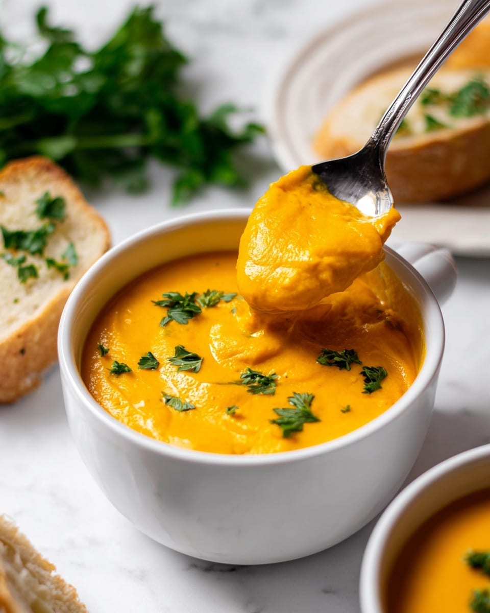 A white bowl filled with bright orange creamy soup with a smooth texture is shown with a spoon lifting a thick scoop of it. The soup layer is topped with small, fresh green parsley leaves scattered on the surface. In the background, a piece of light brown crusty bread with a few green herbs on it is placed on a white marbled surface, along with some blurred green parsley leaves on the left side. Photo taken with an iphone --ar 4:5 --v 7