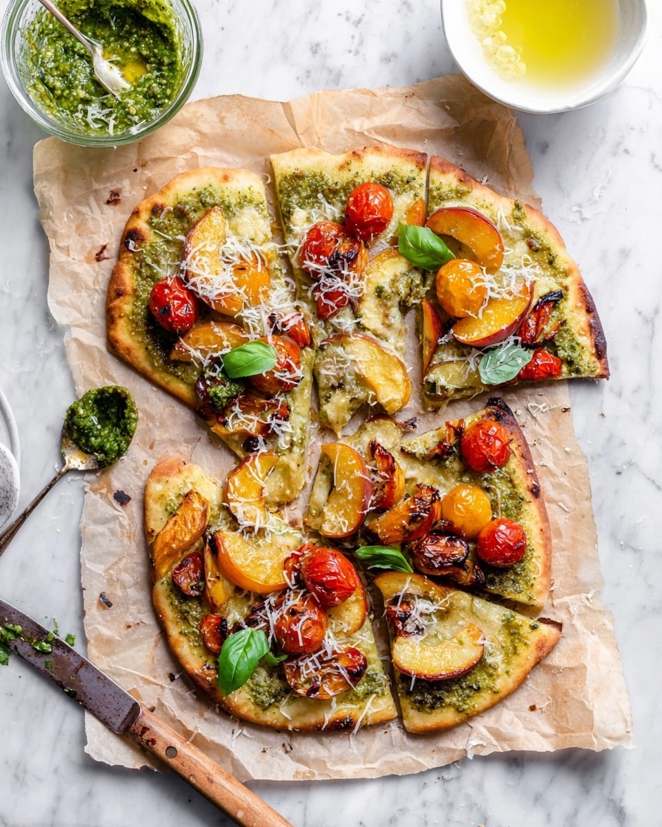 The image shows a flatbread pizza cut into five slices, placed on crinkled parchment paper over a white marbled surface. The flatbread base is golden brown with slightly charred edges. The first layer is a spread of green pesto sauce with a coarse texture, topped with a thin layer of grated cheese melting into the sauce. On top, there are roasted peach slices that are golden and caramelized with a glossy texture, and small roasted cherry tomatoes in red and yellow colors, some slightly wrinkled with a roasted shine. Fresh basil leaves are scattered across, adding bright green highlights. A spoon with green pesto and a rustic knife with a wooden handle lie near the flatbread. In the background, there is a clear glass bowl with green pesto and a small white bowl with light yellow oil, all set against the white marbled surface. photo taken with an iphone --ar 4:5 --v 7