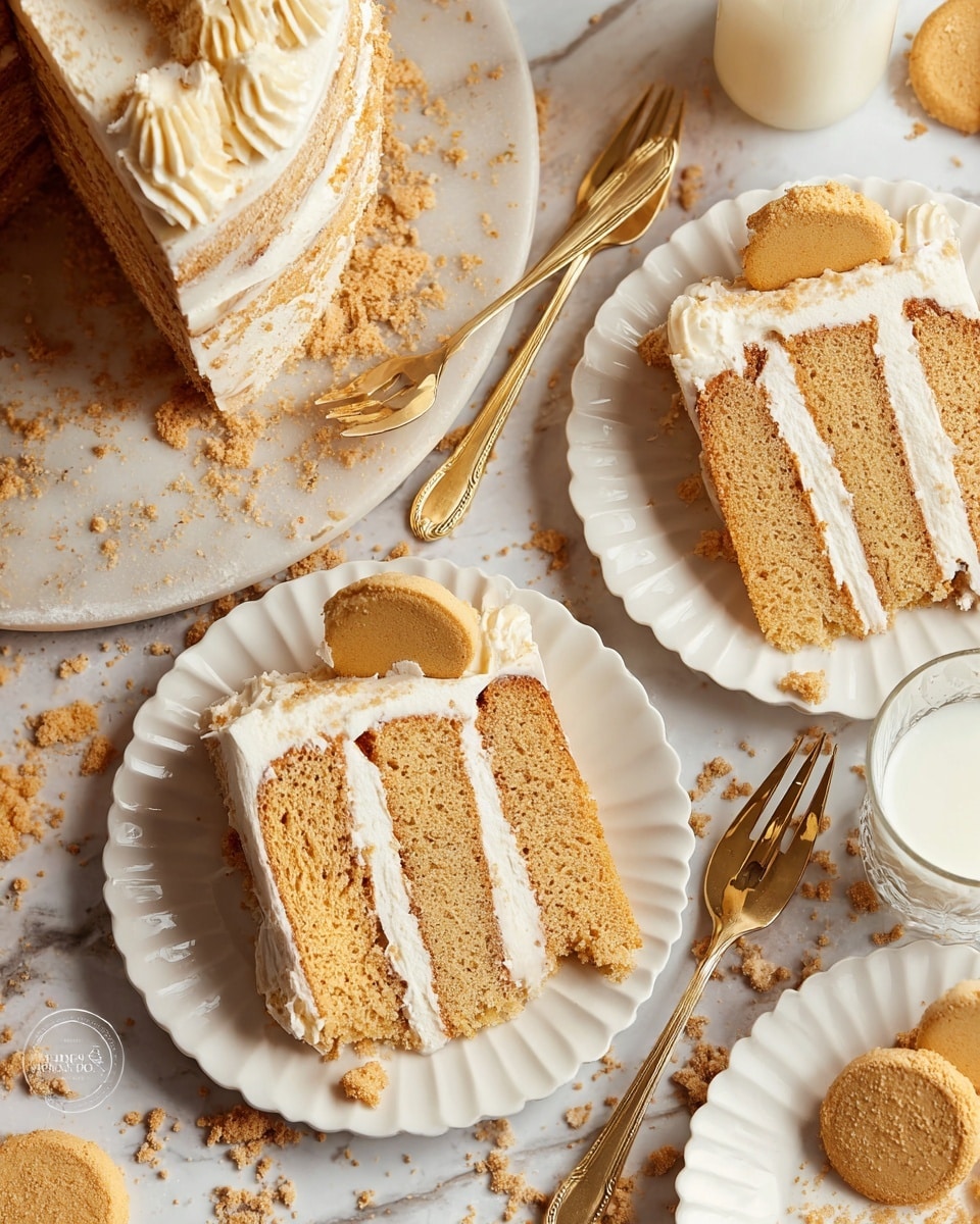 A tall, round cake with four visible layers, each separated by light cream filling that looks smooth and soft. The outside of the cake is covered in a crumbly, light brown coating. On top, there are several round biscuit pieces standing upright and some swirled cream dollops placed between them. The cake is on a white plate with a textured beige cloth underneath, surrounded by a few more biscuits scattered around. The background is a white marbled texture with a white ceramic pitcher and some blurred white kitchen items behind. Photo taken with an iphone --ar 4:5 --v 7