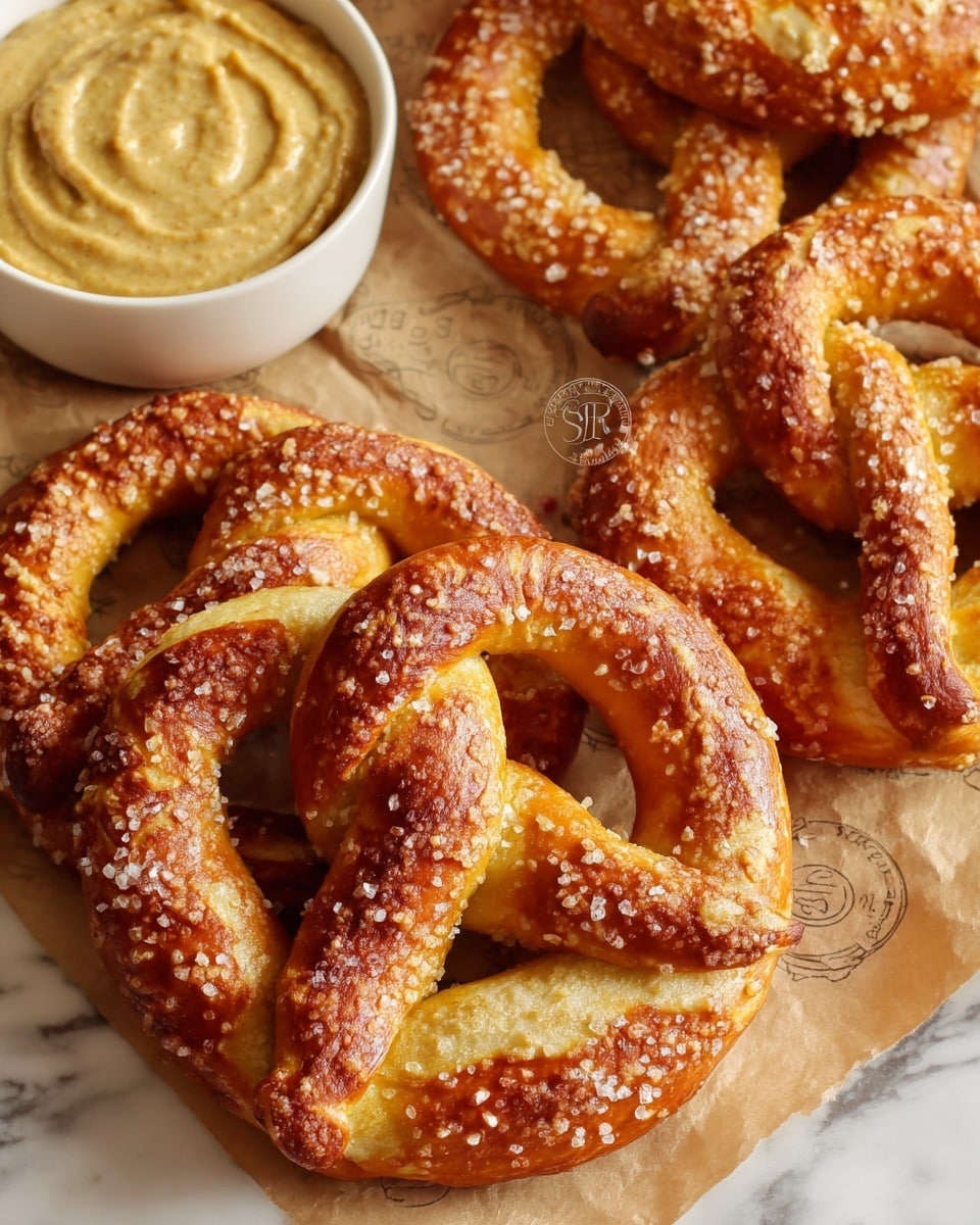The image shows several soft pretzels with a golden brown crust, sprinkled with coarse salt crystals that add a rough texture on top. The pretzels have a twisted shape with smooth, slightly shiny surfaces from baking, and they rest on a sheet of printed paper. In the upper left corner, there is a small white bowl filled with a creamy, grainy mustard-colored dip that has visible mustard seed bits and a slightly swirled surface. The overall composition contrasts the warm golden tones of the pretzels against the neutral paper and white bowl, placed on a white marbled surface. photo taken with an iphone --ar 4:5 --v 7