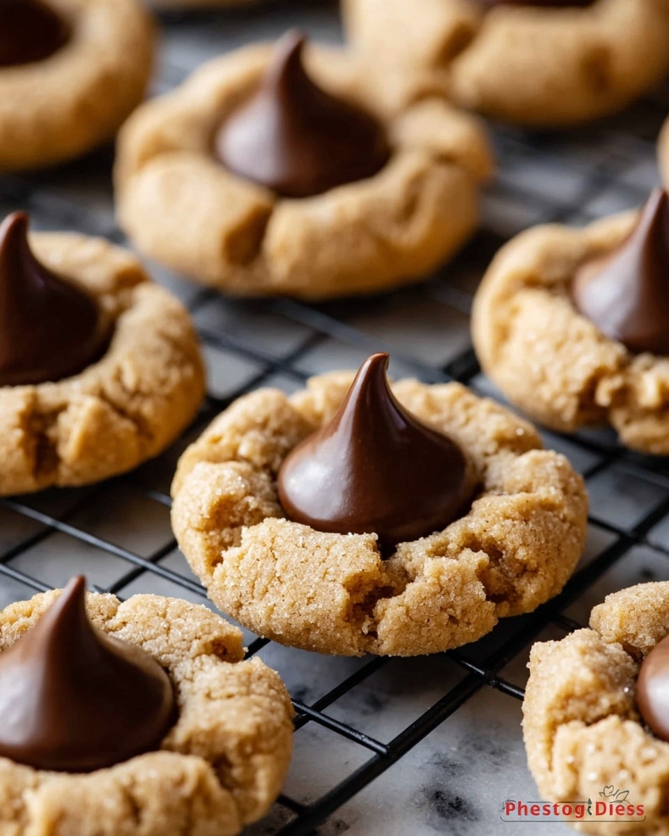 The image shows several peanut butter cookies on a black cooling rack over a white marbled surface. Each cookie has two layers: a rough-textured, light golden-brown peanut butter base that is cracked on the surface, and a smooth, glossy dark brown chocolate kiss placed in the center, standing upright like a small peak. The cookies are closely arranged in an overlapping pattern, filling the frame with a warm, homemade look. Photo taken with an iphone --ar 4:5 --v 7