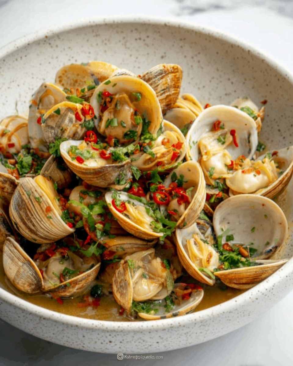 A white speckled bowl filled with cooked clams in their shells, arranged in several layers with some shells open showing the soft beige clam meat inside. The clams are covered in a light sauce with small red chili pieces and sprinkled green chopped herbs. The bowl is placed on a white marbled surface. Photo taken with an iphone --ar 4:5 --v 7