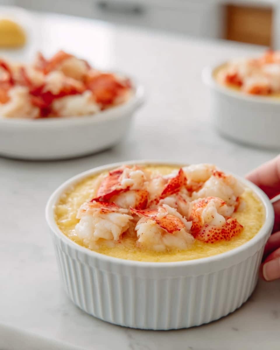 The image shows a white round bowl filled with creamy mashed potatoes topped with large pieces of cooked lobster meat that are light orange with a slightly glossy texture. The lobster pieces are placed evenly on the mashed potatoes, which have a smooth and fluffy look, covering the bottom layer completely. In the background, there is another white bowl that also appears to hold the same dish. The scene is set on a white marbled surface with a blurred kitchen area behind. A woman's hand is seen gently holding the edge of the front bowl. Photo taken with an iphone --ar 4:5 --v 7