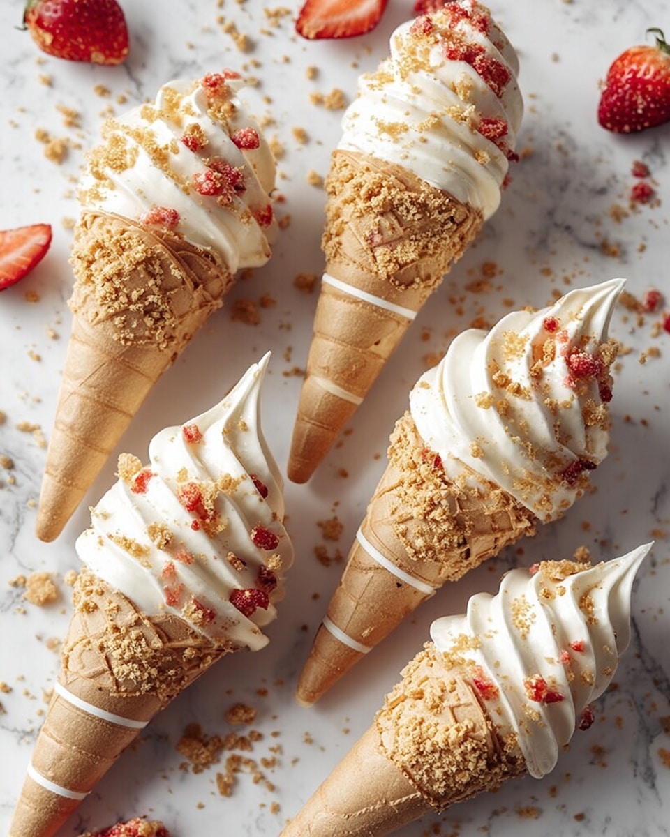 Four ice cream cones lay on a white marbled surface, each with a light brown waffle cone base wrapped in thin white icing lines. On top of the cones is soft serve ice cream, creamy white with a smooth, swirled texture creating three curved peaks per cone. The ice cream is partially coated in light brown crumbs mixed with small pieces of bright red fruit bits, mainly around midway and the upper part of the swirl. Around the cones are scattered crumbs and fresh red strawberries, some whole and some sliced in half showing their juicy red inside. photo taken with an iphone --ar 4:5 --v 7