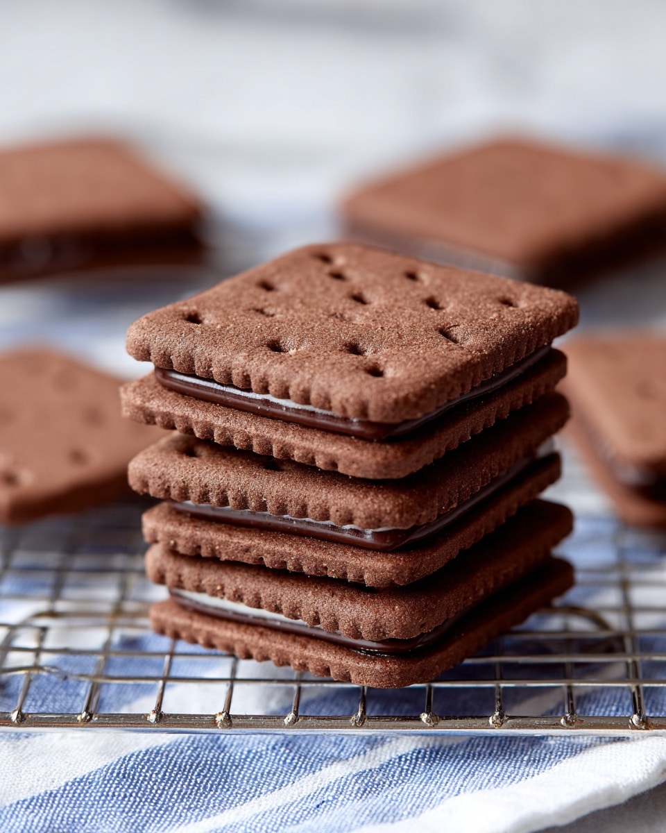 A close-up of a stack of five chocolate sandwich cookies placed on a metal cooling rack. Each cookie has two square dark brown layers with scalloped edges and small dotted holes on the surface, showing a thin chocolate cream filling layer between them. The background has a white marbled texture, and a blue and white striped cloth is partly visible under the rack. Additional cookies are blurred in the background. Photo taken with an iphone --ar 4:5 --v 7