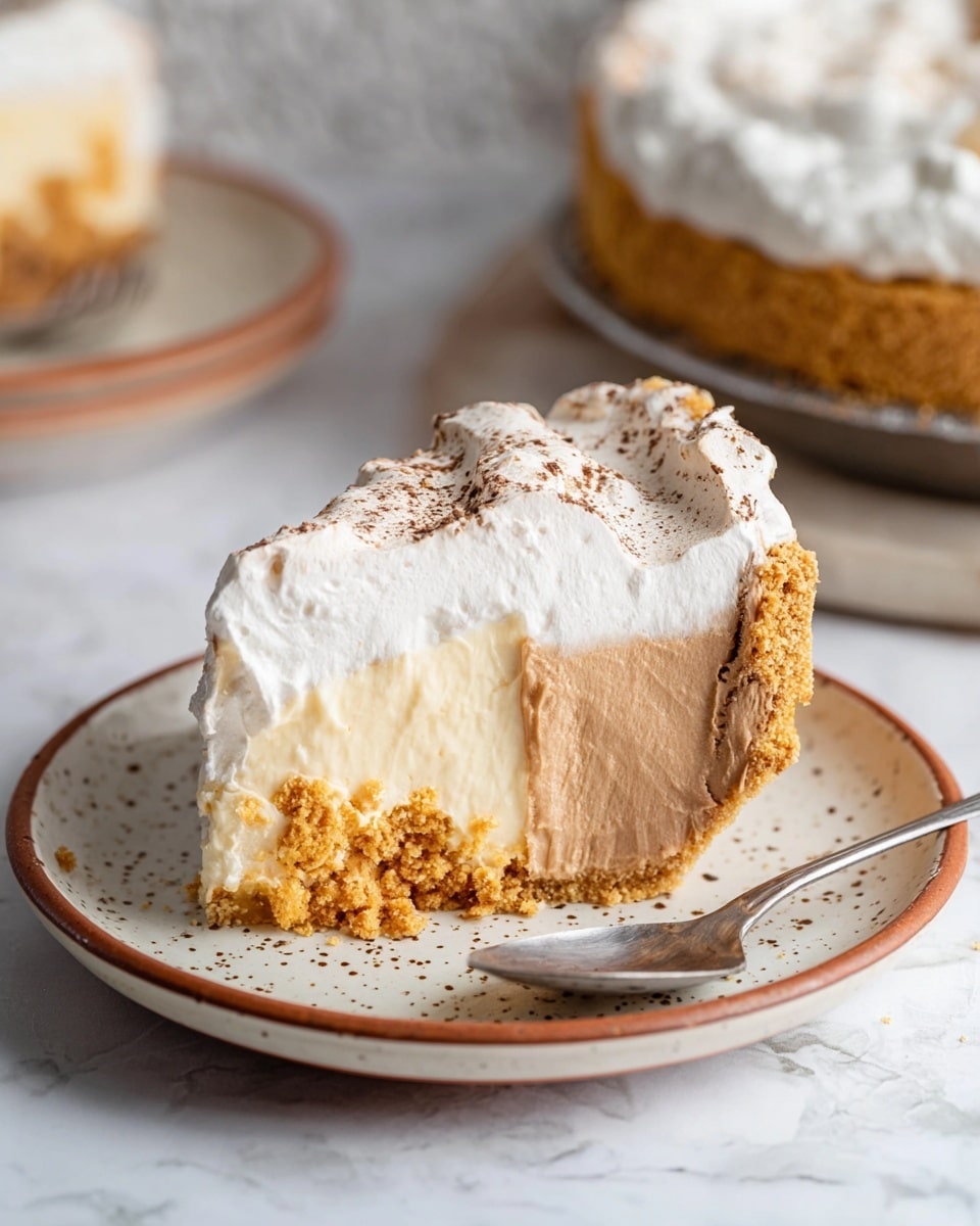 A slice of layered pie is placed on a round white plate with a speckled pattern and a brown rim. The pie has four layers: on the left, there is a thick white whipped cream topping with light brown specks dusted on it; next to it is a smooth, pale creamy layer; then a light brown creamy layer with two chunks of golden crumb inside; and finally, a thicker crunchy golden brown crust on the far right. A silver spoon rests on the plate in front of the pie slice. The background is a white marbled texture, and part of the whole pie is visible blurred in the background. Photo taken with an iphone --ar 4:5 --v 7