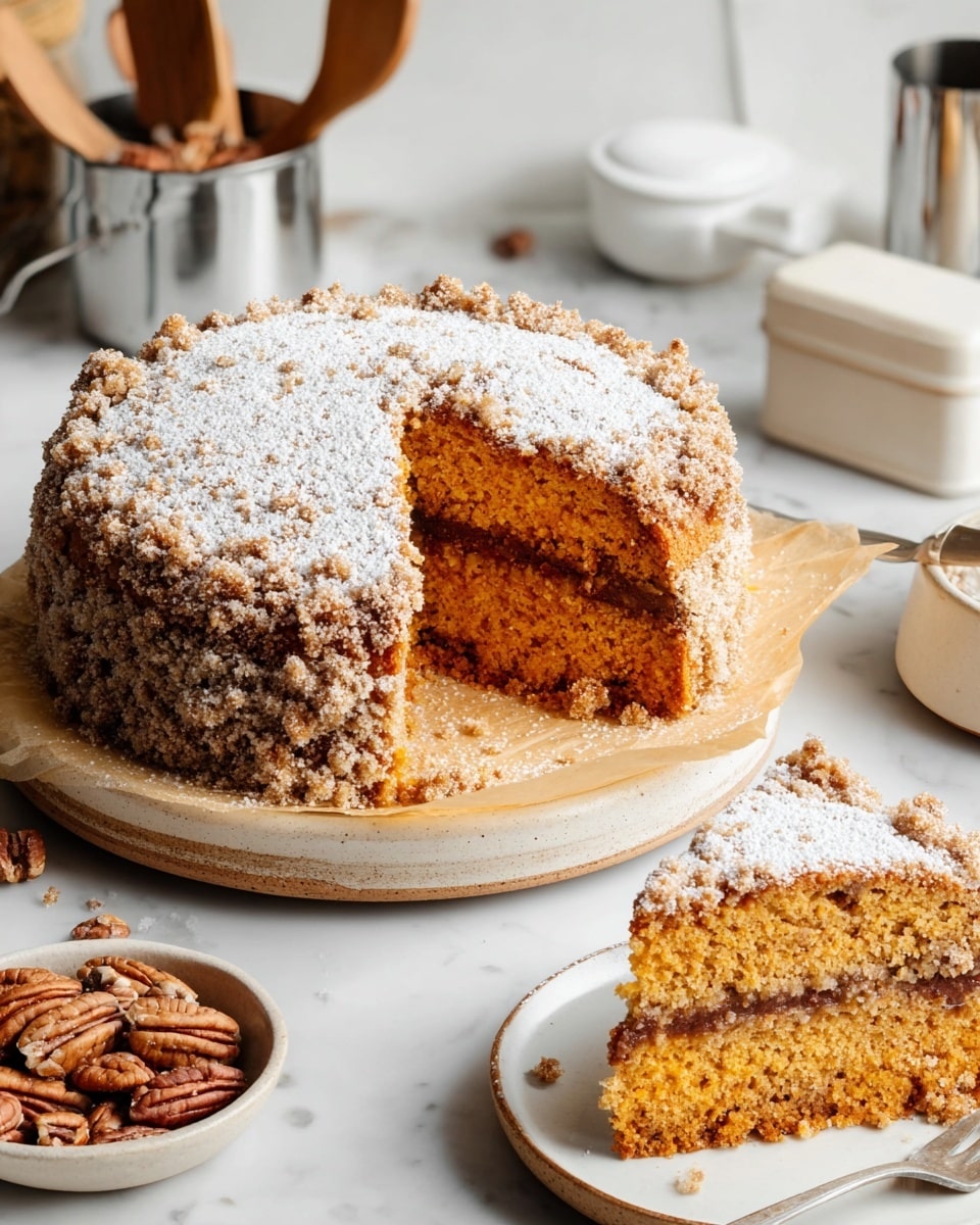 A round cake with two visible layers sits on a wooden board over a white marbled surface. The bottom layer is a light brown cake base, slightly darker on the edges. The top layer is a crumbly streusel topping, generously dusted with white powdered sugar, giving a textured and uneven surface with small clusters. In the background, there is a white bowl filled with pecans and a white bowl with sweet potatoes. A metal watering can with wooden utensils is also partially visible. An orange and white checkered cloth is on the lower left corner and some small orange leaves are scattered on the lower right side. Photo taken with an iphone --ar 4:5 --v 7