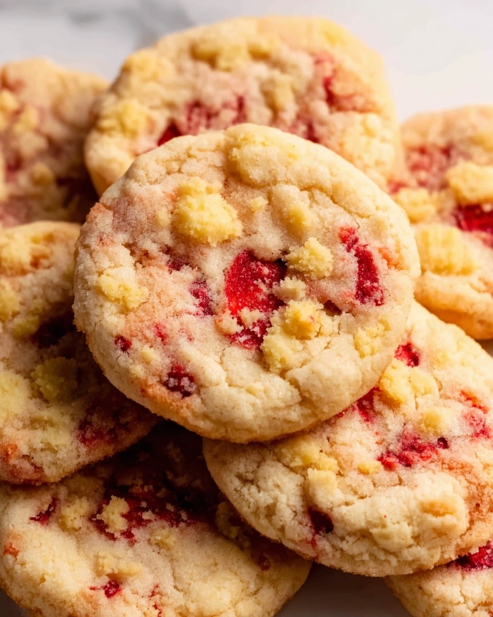 The image shows several round cookies stacked closely together on a white marbled surface, each cookie having a slightly crinkled light golden-brown edge with a soft and pale center. The centers have bright red fruit chunks scattered unevenly, mixed with small patches of yellow crumbly topping that looks textured and slightly rough. The cookies have a homemade, slightly uneven look, with soft spots and crumbles throughout. photo taken with an iphone --ar 4:5 --v 7