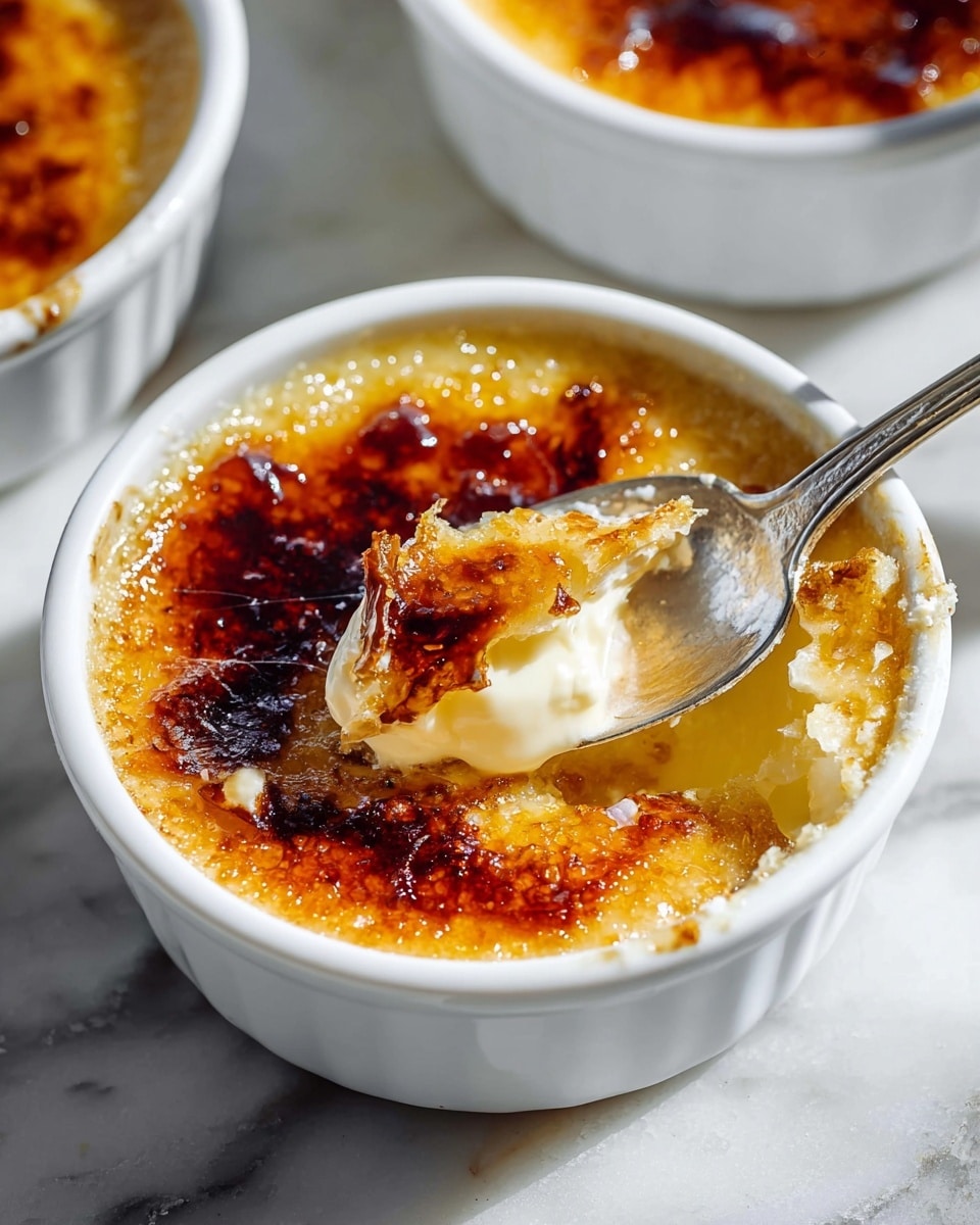 A close-up of a white round ceramic ramekin filled with crème brûlée, showing a broken caramelized dark brown sugar crust on top with shiny, hard cracks revealing a creamy, smooth pale yellow custard underneath; a silver spoon is scooping some custard with crust, positioned inside the ramekin near the edge, all placed on a white marbled surface with parts of two other ramekins visible in the background, photo taken with an iphone --ar 4:5 --v 7