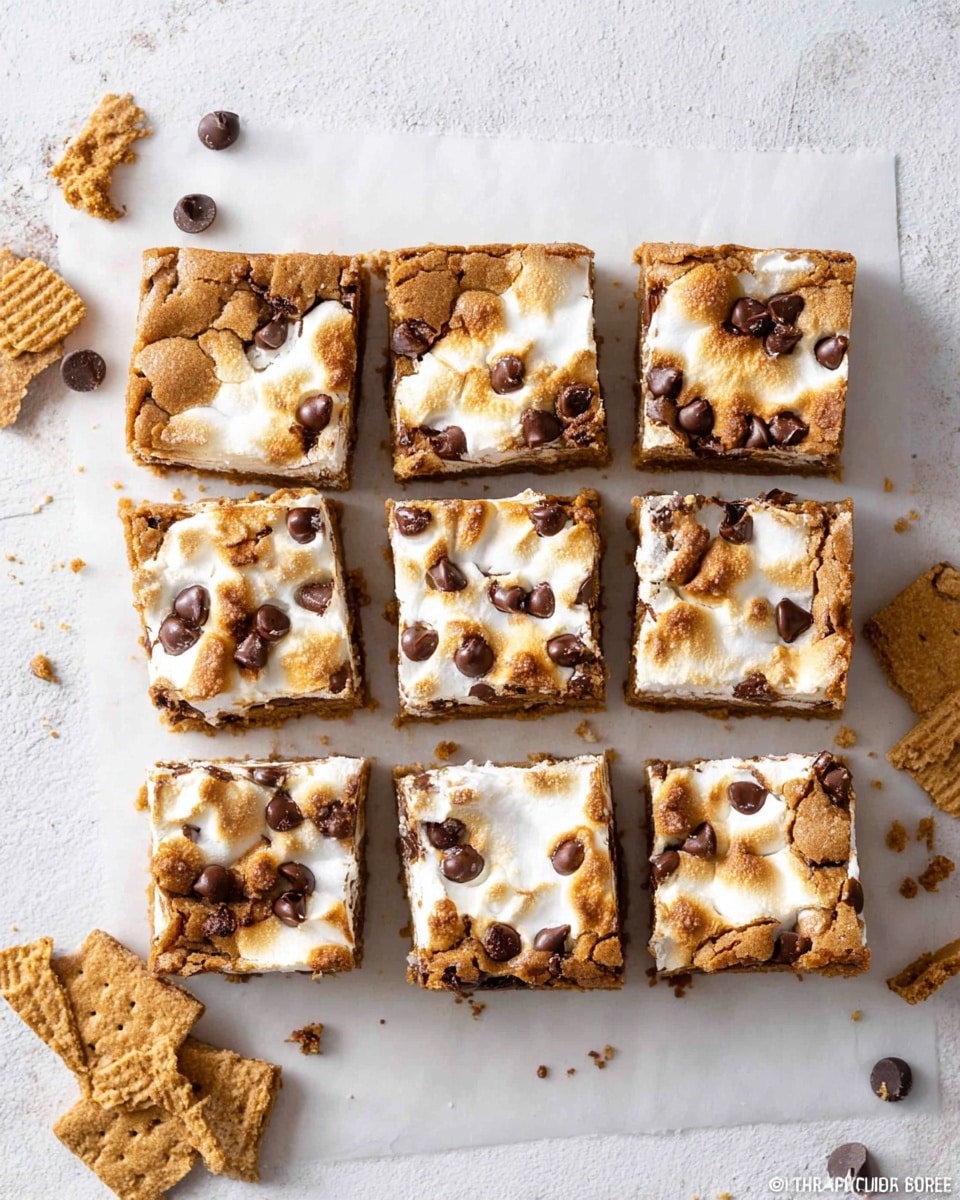 Nine square pieces of s'mores bars are placed on a white marbled texture, arranged in a 3x3 grid on a sheet of white parchment paper. Each bar has one layer, a golden brown baked cookie base with cracks showing soft melted white marshmallow swirls and scattered dark chocolate chips embedded on the surface. Around the squares, a few chocolate chips and broken pieces of graham crackers lie on the white marbled texture, adding texture and color contrast. photo taken with an iphone --ar 4:5 --v 7