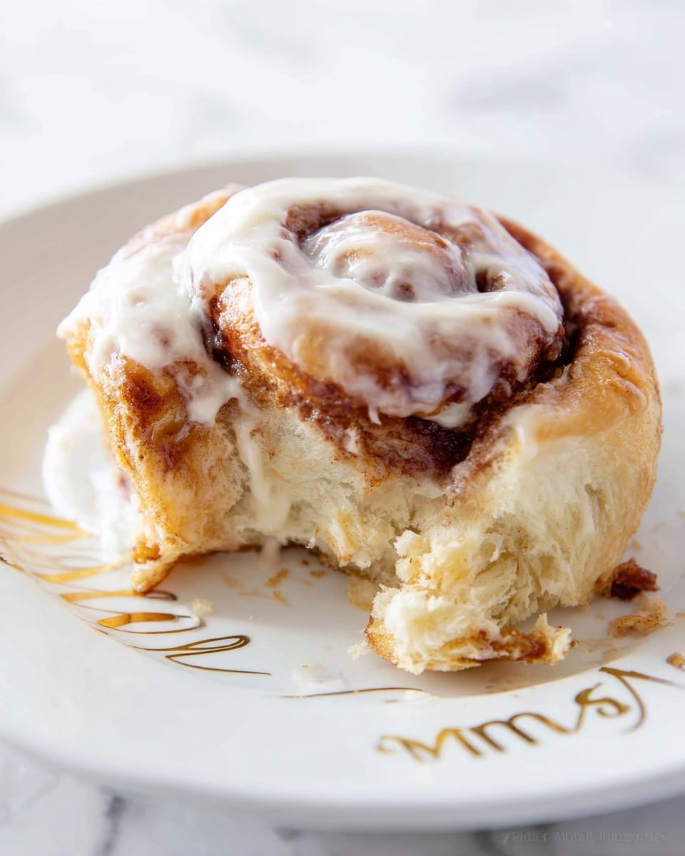 A single cinnamon roll sits on a white plate with gold script. The cinnamon roll has three visible layers: the outer layer is light golden brown with a slightly crispy texture, the middle layer is darker brown with cinnamon filling trapped inside the swirls, and the top layer is covered in a thick, creamy white icing that coats the roll unevenly. Part of the cinnamon roll is pulled away, revealing the soft, fluffy inner dough in a pale beige color. The surface beneath the plate is a white marbled texture. photo taken with an iphone --ar 4:5 --v 7