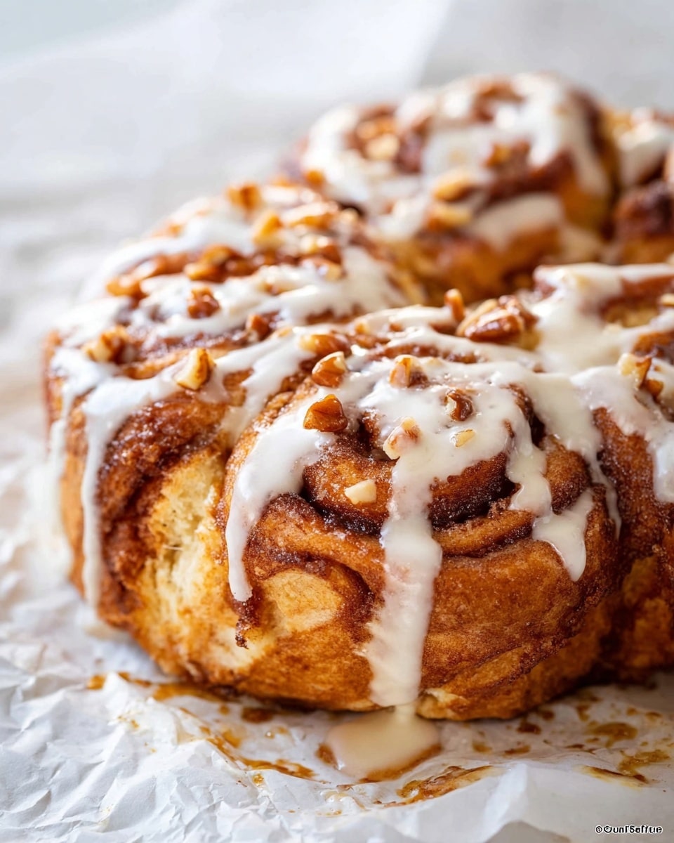 A close-up view of a freshly baked cinnamon roll. The dish has multiple swirled layers of soft brown dough mixed with cinnamon and sugar, creating a textured surface. On top, there is a thick drizzle of glossy white icing that runs down the layers, giving a creamy contrast to the golden-brown and darker cinnamon spots. Small pieces of chopped nuts are stuck on the sides, adding a crunchy texture. The roll is placed on crumpled white baking paper with some browned syrup marks around it, set on a white marbled surface. photo taken with an iphone --ar 4:5 --v 7
