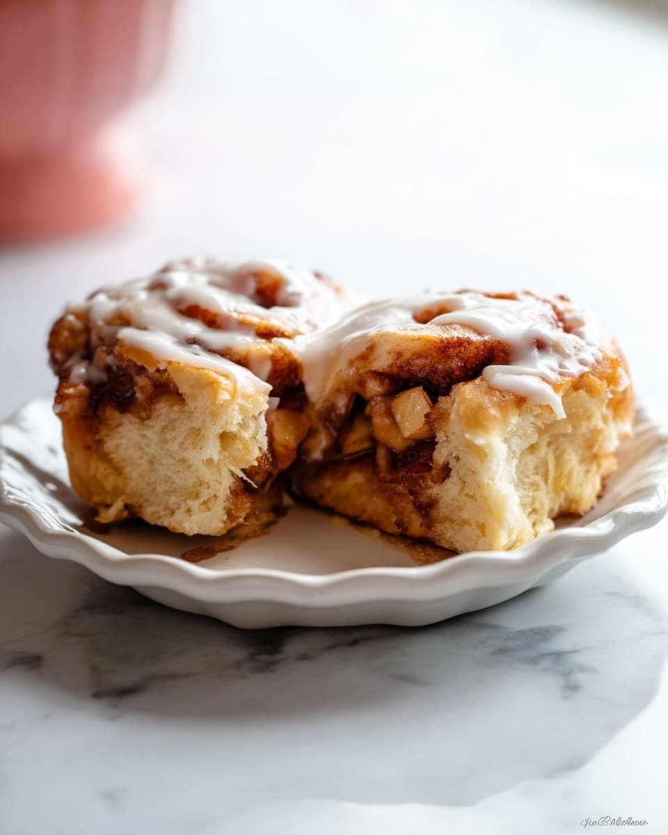 Two pieces of cinnamon roll sit side by side on a white plate with a scalloped edge. The rolls have a golden-brown outer layer that looks soft and flaky, with visible swirls of cinnamon filling seen in the cut section. The cinnamon filling is dark brown and gooey, with chunks of nut or apple inside. On top of the rolls is a glossy layer of white icing that drips slightly over the edges. The plate rests on a white marbled surface, with soft, natural light highlighting the textures of the rolls and icing. Photo taken with an iphone --ar 4:5 --v 7