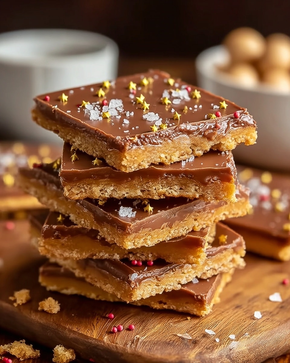 A stack of five square treats is shown, each with two clear layers: a bottom layer of crumbly, golden-brown cracker-like biscuit and a top layer of smooth, milk chocolate spread evenly. The top chocolate layer is decorated with tiny yellow star-shaped sprinkles, small red bits, and coarse white salt crystals scattered all over. The edges of each piece are slightly irregular, showing a crunchy texture. The stack is placed on a wooden surface with some crumbs and a few sprinkles around. In the upper background, a white bowl holds small round items, blurred softly. photo taken with an iphone --ar 4:5 --v 7