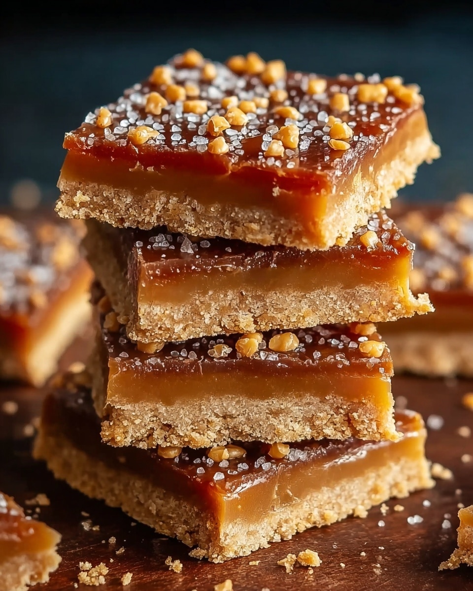 A stack of four square caramel toffee bars is shown, each consisting of two layers: a light brown crumbly base and a shiny rich caramel top layer. The caramel layer is decorated with small golden crunchy pieces and coarse white salt crystals scattered evenly, adding texture contrast. The edges of the bars are rough, showing the crunchy texture of the base. The stack sits on a dark surface with some crumbs around it. photo taken with an iphone --ar 4:5 --v 7