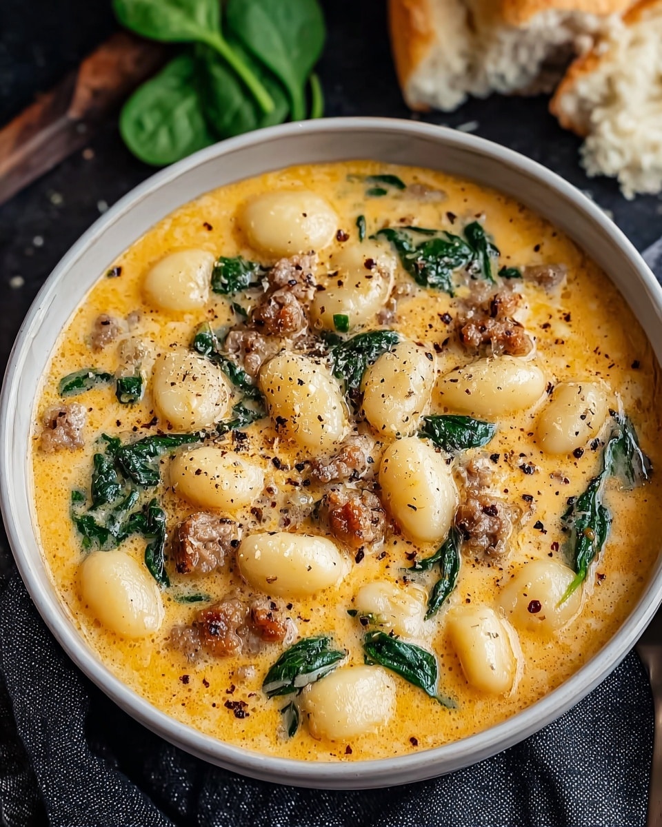 A black bowl filled with creamy soup containing three main layers: soft yellow gnocchi round shapes spread evenly, small brown cooked sausage pieces mixed in, and wilted green spinach leaves scattered throughout, all immersed in a light orange creamy broth speckled with black pepper. The bowl is placed on a white marbled surface with a few fresh green spinach leaves nearby. photo taken with an iphone --ar 4:5 --v 7