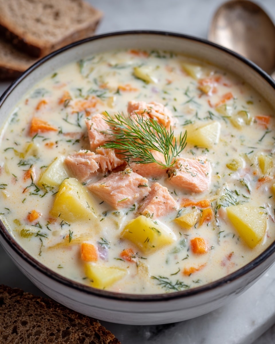 A close-up view of a bowl of creamy salmon chowder, featuring chunky pink pieces of salmon on top with a sprig of green dill as garnish. The chowder is thick and creamy white, with visible pieces of orange carrots and yellow potatoes mixed evenly throughout. The white bowl has a thin dark rim, and it sits on a white marbled surface with two slices of whole grain brown bread partly visible around the bowl edges. The texture is smooth with some herbs sprinkled inside. Photo taken with an iphone --ar 4:5 --v 7