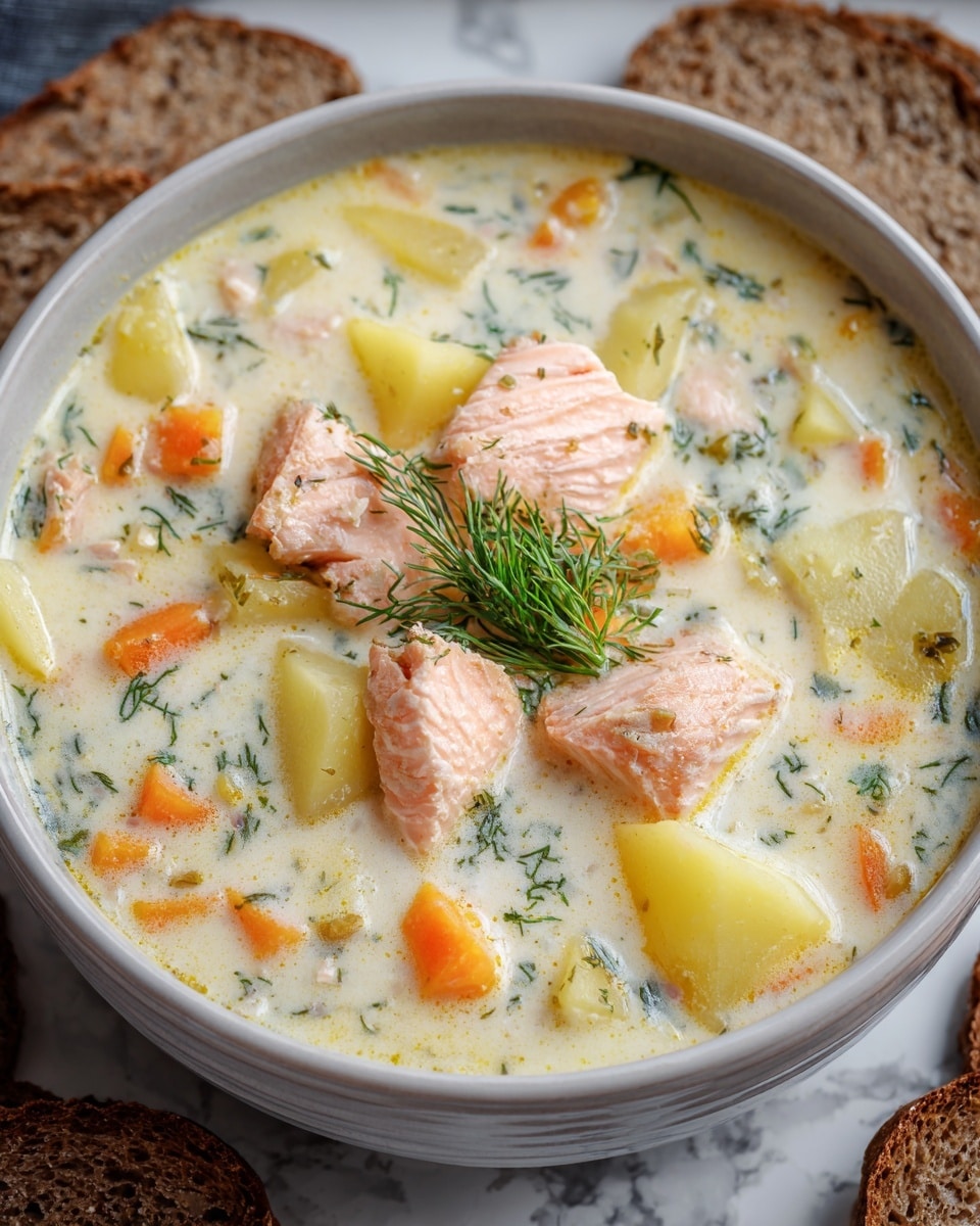 A white bowl filled with creamy soup showing three main layers: the base is a thick white broth with small green herb specks, the middle layer includes bright orange carrot chunks and pale yellow potato pieces, and the top layer has several large, tender light pink salmon pieces with a small sprig of fresh green dill placed in the center. The bowl is set on a white marbled textured surface with slices of brown whole grain bread around it. Photo taken with an iphone --ar 4:5 --v 7