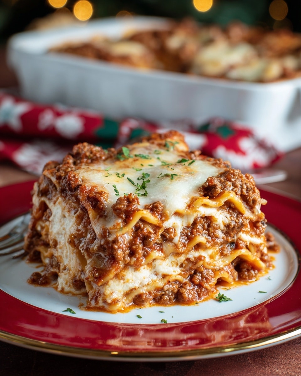 A thick slice of lasagna sits on a white plate with a shiny red rim, showing six layers of wavy pasta sheets alternated with rich brown meat sauce mixed with deep red tomato sauce, creamy white cheese filling, and melted, slightly browned cheese on top garnished with small green herb pieces. The lasagna looks moist and dense with some sauce oozing slightly on the plate. In the background, a white baking dish with more lasagna is slightly out of focus, set on a white marbled surface with a faint festive cloth underneath. photo taken with an iphone --ar 4:5 --v 7