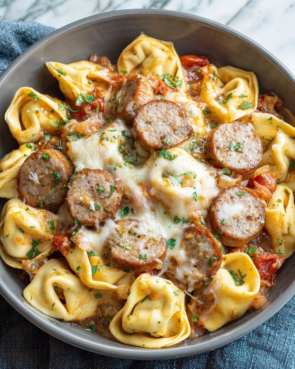A gray bowl filled with three layers of food sits on a white marbled textured surface covered partially by a blue cloth. The bottom layer contains cooked tortellini pasta, pale yellow in color with a smooth, slightly glossy skin, arranged almost to fill the bowl. Scattered within and on top of the pasta are several slices of browned sausage, showing a textured, juicy inside and crisp outer edges. The next layer is chunky tomato pieces and bits of cooked onion mixed in, adding red and translucent hues. The top layer is melted cheese, mostly white and yellow, draped unevenly over the dish and sprinkled with finely chopped green herbs for color contrast. photo taken with an iphone --ar 4:5 --v 7