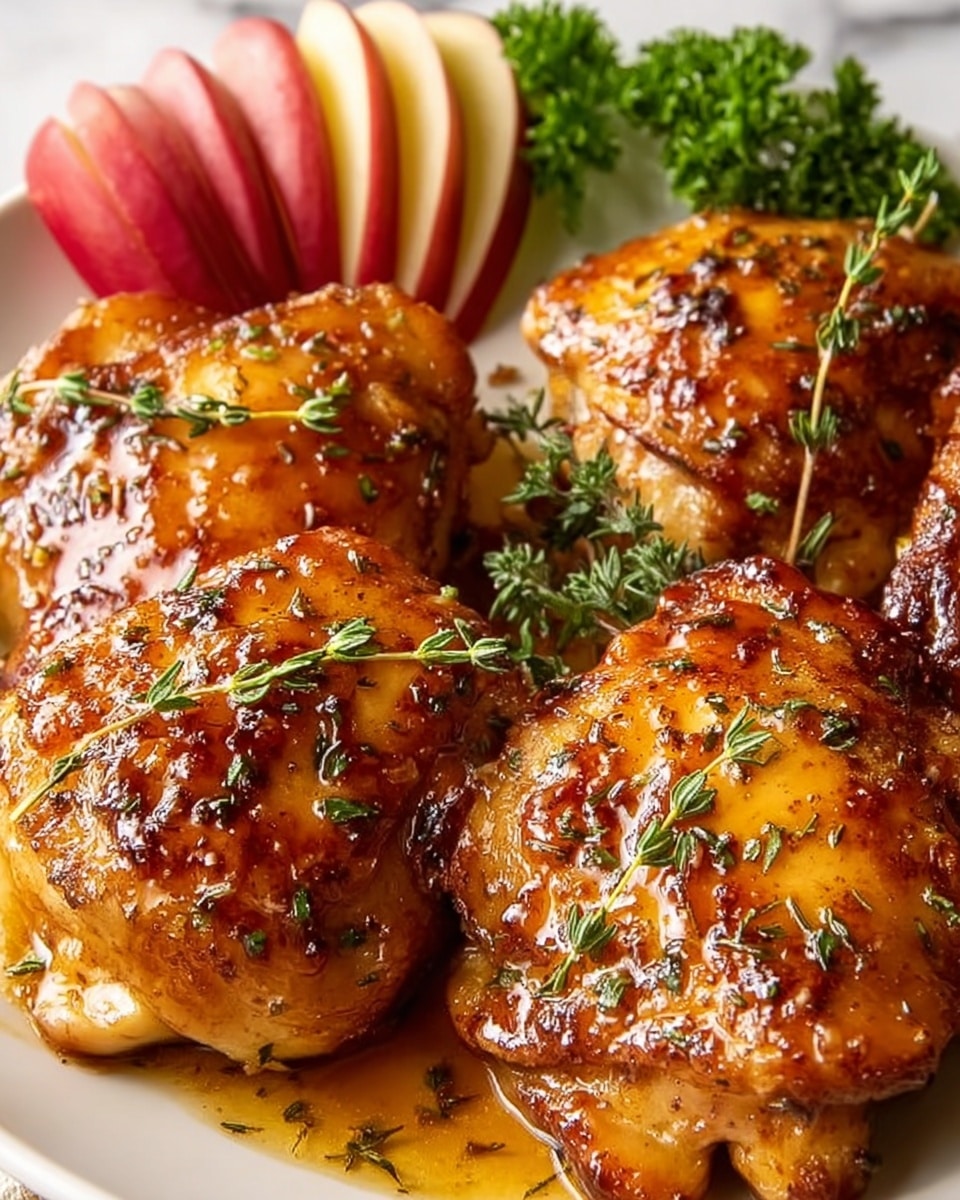 The image shows four golden brown cooked chicken thighs with a shiny glaze, sprinkled with small green herb leaves, mostly thyme. The chicken pieces are arranged close together on a white plate. There are slices of red apple fanned out on the top left edge of the plate, and sprigs of fresh green parsley sit near the chicken, adding a pop of color. The overall texture of the chicken looks juicy with some crispy parts on the surface. The background is a white marbled texture. photo taken with an iphone --ar 4:5 --v 7