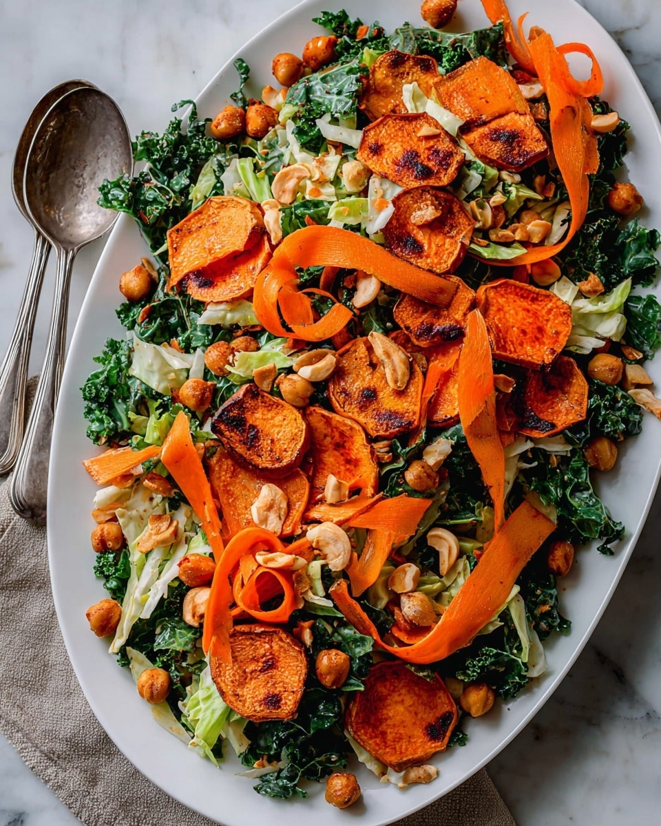 A white oval plate sits on a white marbled surface, filled with a colorful layered salad. The bottom layer is made of dark green kale leaves mixed with pale green cabbage pieces. On top, bright orange carrot ribbons curl and twist over the greens. Crispy roasted sweet potato slices, golden brown with charred edges, are scattered evenly across the salad. Light beige chickpeas are sprinkled throughout, along with toasted nuts adding a crunchy texture. A pair of silver serving spoons rests on the left side of the plate. The photo is taken with an iphone --ar 4:5 --v 7