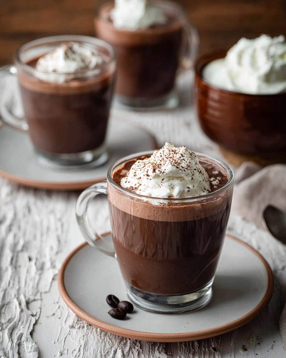 The image shows three clear glass mugs filled with rich, dark brown hot chocolate topped with a dollop of white whipped cream sprinkled lightly with cocoa powder. Each mug sits on a white saucer with one coffee bean on the saucer in the front. To the right, there is a brown bowl filled with extra whipped cream. The mugs and bowl are placed on a rustic wooden surface that has been replaced with a white marbled texture. The focus is on the front mug, with the other two mugs blurred in the background. Photo taken with an iphone --ar 4:5 --v 7