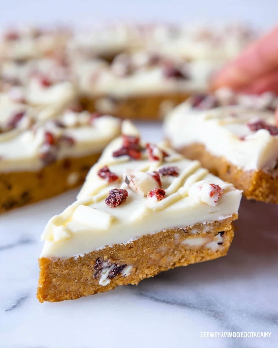 The image shows a close-up stack of three square cookie bars on a white marbled surface. Each bar has two layers: the bottom layer is a thick, soft cookie dough with a light brown color, embedded with dark red dried fruit pieces. The top layer is a smooth, thick white frosting spread evenly, topped with scattered pieces of dried fruit and small white chocolate shavings. The bars are stacked slightly unevenly, showing the thickness and texture of both layers clearly. The background has a soft, blurred white marbled texture. Photo taken with an iphone --ar 4:5 --v 7