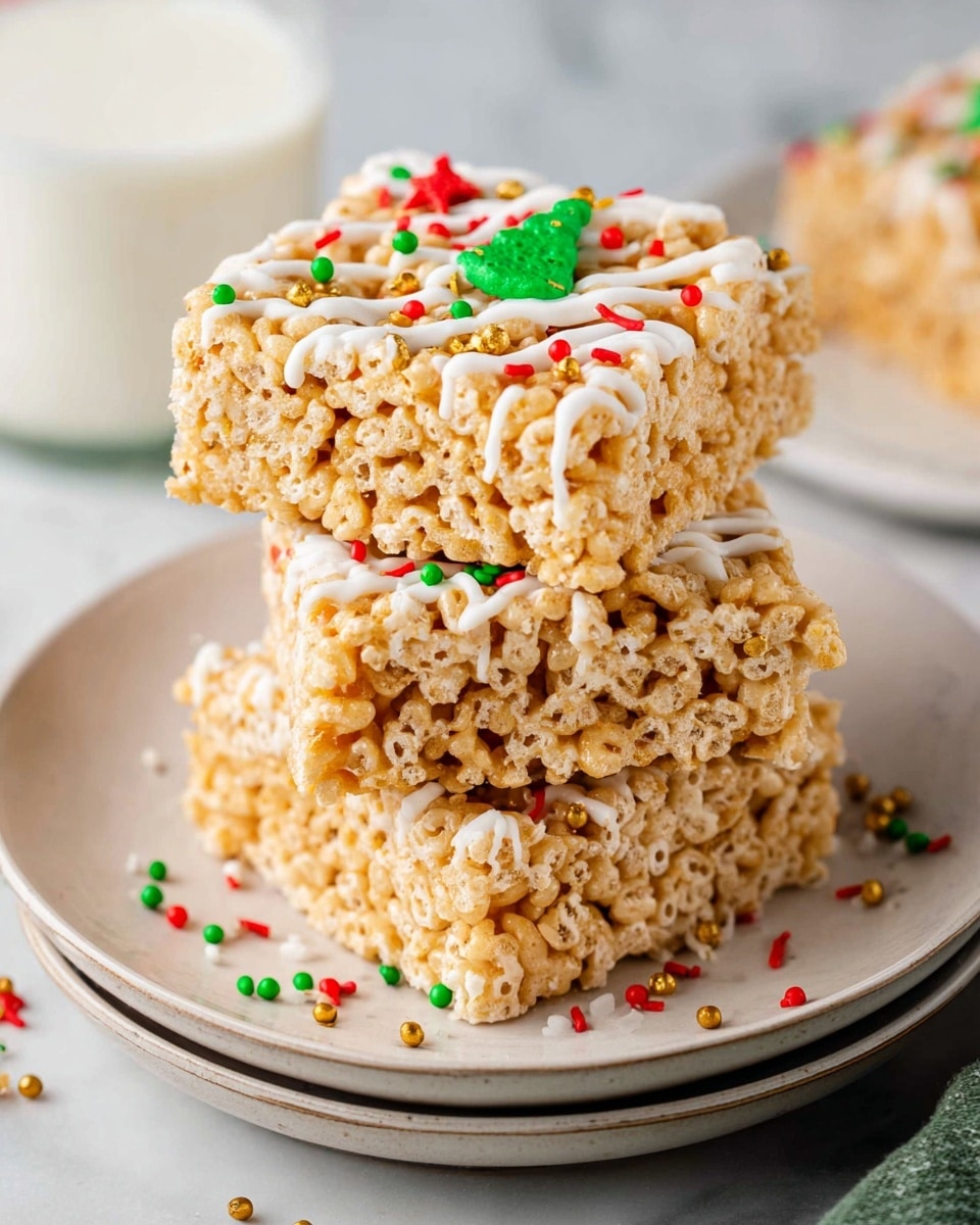 Two square-shaped crispy rice treats rest on a stack of three white plates. Each treat is light golden brown and has a slightly rough texture from the puffed rice. The top of each treat is decorated with thin, white icing drizzles that create neat lines across the surface. Small, colorful sprinkles in red, green, white, and orange, shaped like dots and tiny flowers, are scattered on top, adding festive charm. The plates sit on a white marbled texture surface, with blurred treats and a glass of milk in the background. photo taken with an iphone --ar 4:5 --v 7