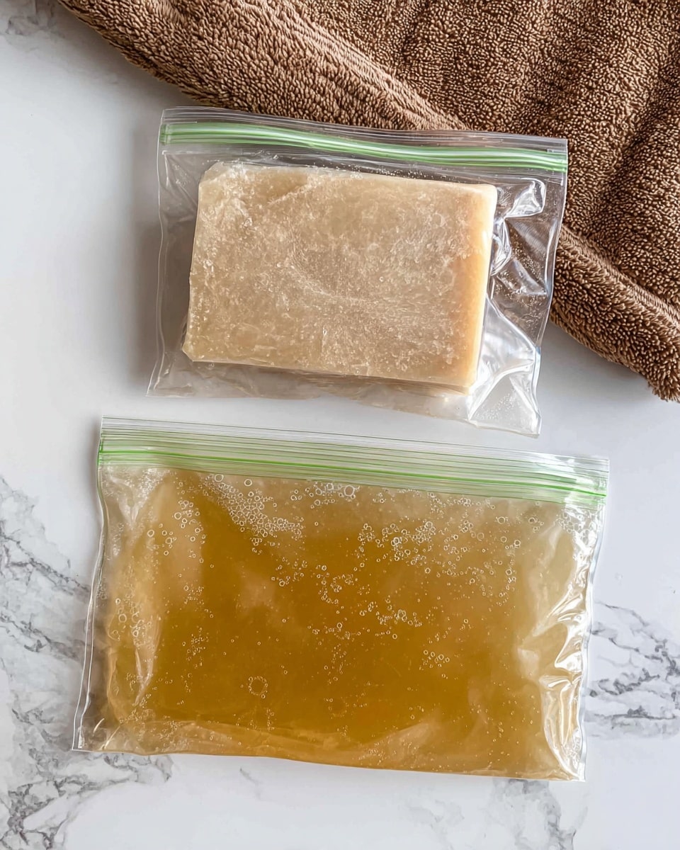 Two clear sealed plastic bags lay flat on a white marbled surface. The top bag contains a light beige solid block with a slightly uneven texture visible through the plastic. The bottom bag holds a translucent golden brown liquid with a smooth surface and a few small bubbles trapped inside. Both bags have green sealing strips across the top. A textured brown cloth is partially visible in the upper left corner. photo taken with an iphone --ar 4:5 --v 7