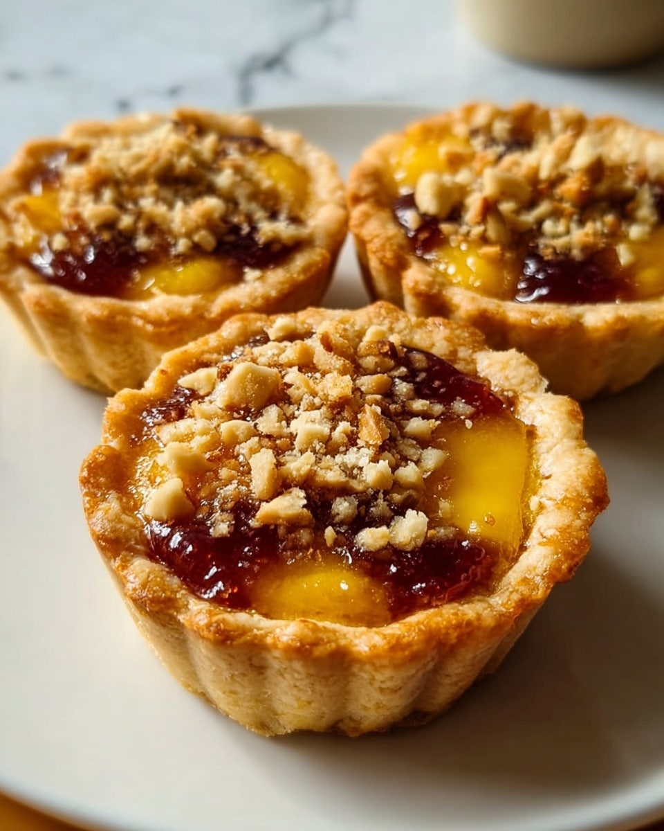 Three small tartlets sit closely on a white plate over a white marbled texture surface. Each tartlet consists of a golden-brown, flaky crust forming a cup shape with slightly uneven edges. Inside, the filling showcases two main colors and textures: bright yellow from a smooth custard-like layer and deep red from a glossy fruit jam, divided in parts within the same tart. On top of each tartlet is a layer of rough, uneven chopped nuts scattered generously, adding a crunchy visual contrast. The background is softly out of focus, emphasizing the tartlets. Photo taken with an iphone --ar 4:5 --v 7