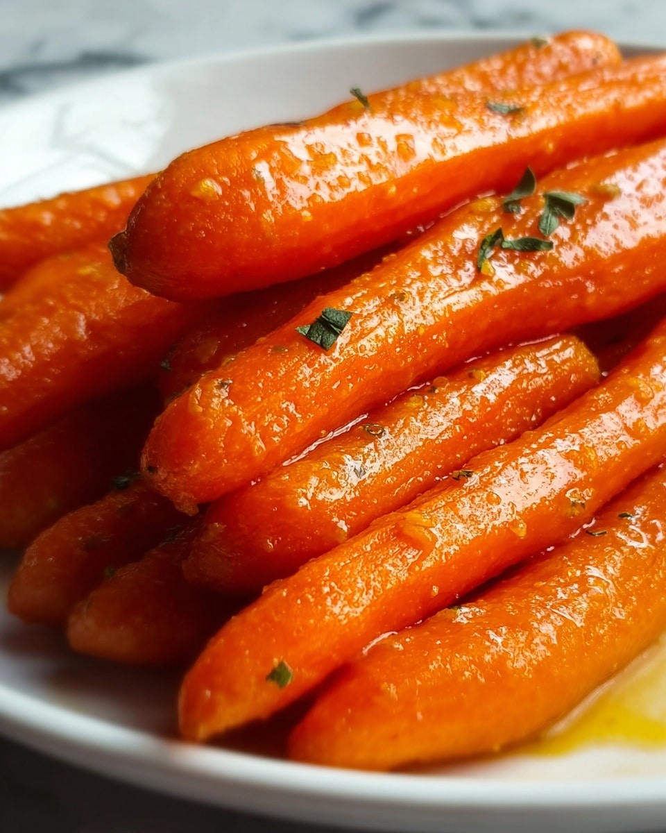 A close-up view of a white plate filled with several whole cooked carrots arranged in layers, each carrot is bright orange with a glossy, slightly textured surface from being cooked in a sauce that gives a slight sheen. Some small bits of green herbs are scattered on top, adding subtle contrast. The carrots appear tender and are grouped closely together, showing a rich, warm color under natural light. The white plate rests on a white marbled texture. photo taken with an iphone --ar 4:5 --v 7