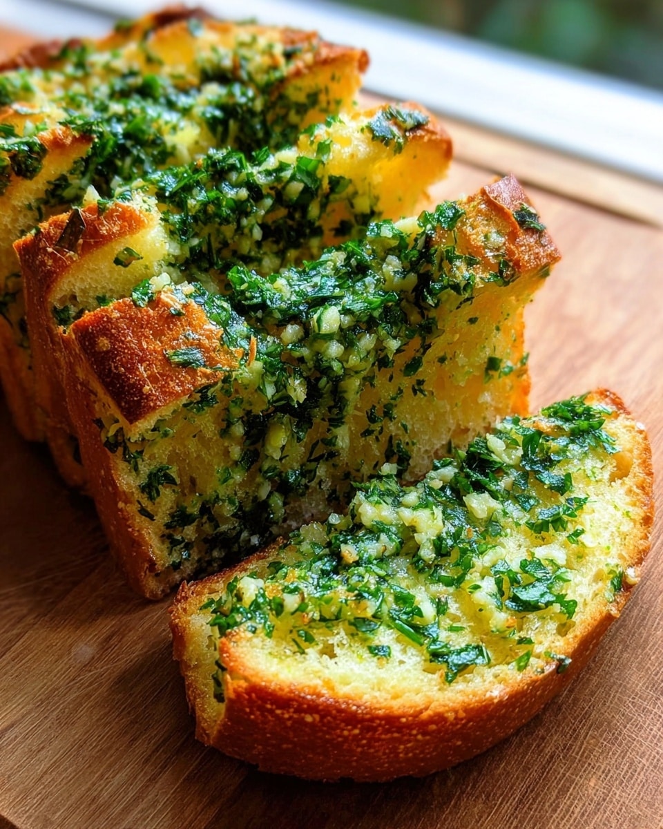 The image shows a loaf of garlic bread cut into several thick slices. The bread has a golden-brown crust with a slightly crunchy texture and soft, airy inside. Each slice is covered with a mix of bright green chopped herbs, mainly parsley, and bits of diced garlic. The herb and garlic spread is generously applied, creating a vibrant green and off-white layer on top of the pale yellow bread inside. The bread rests on a wooden surface with warm natural light shining on it. photo taken with an iphone --ar 4:5 --v 7