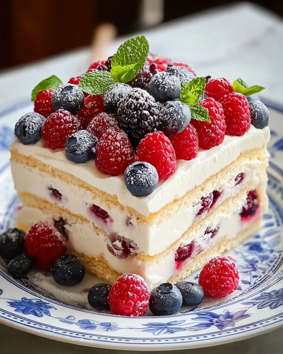A square layered dessert with three layers of light beige cake separated by thick white cream mixed with small dark red and purple berries. The top layer is thick white cream covered with a mix of fresh bright red raspberries, deep blue blueberries, and a single large dark blackberry, with a few small green mint leaves for color. Some berries are dusted lightly with white powder, and a few berries sit on the white plate with blue patterns around the edges. The dish is on a white marbled surface. photo taken with an iphone --ar 4:5 --v 7