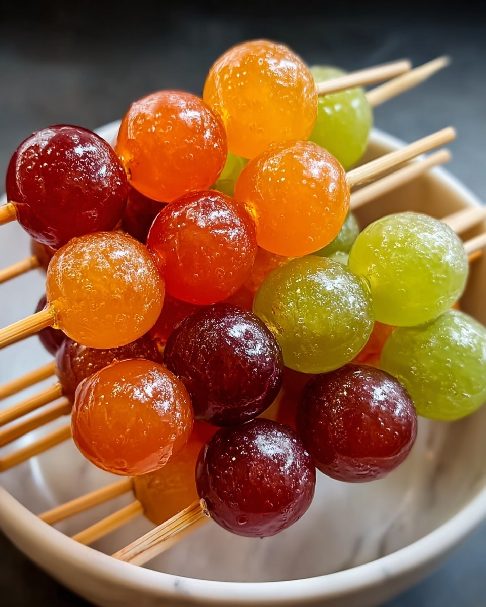 Several skewers hold three round, glossy candy balls each, stacked vertically. The candies come in bright colors including shiny orange, deep red, light yellow, and light green, each with a textured, shiny surface dusted lightly with sugar. The skewers rest on a white plate with a smooth finish, placed against a soft white marbled texture background. The image is close up, showing the wet, shiny details of the sweets, with natural light reflecting off their surfaces. Photo taken with an iphone --ar 4:5 --v 7