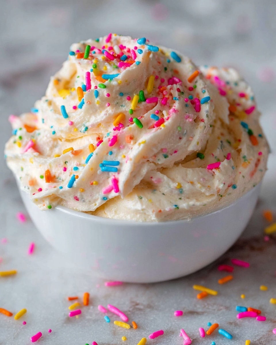 A close-up view of a single layer of creamy, pale yellow frosting with a smooth and slightly fluffy texture swirled on top inside a white bowl. The frosting is generously topped with bright, colorful sprinkles in various shapes and sizes, including pink, blue, orange, yellow, green, and purple, scattered unevenly both on the frosting and around the bowl. The white bowl is placed on a brown surface with some sprinkles fallen around it. photo taken with an iphone --ar 4:5 --v 7